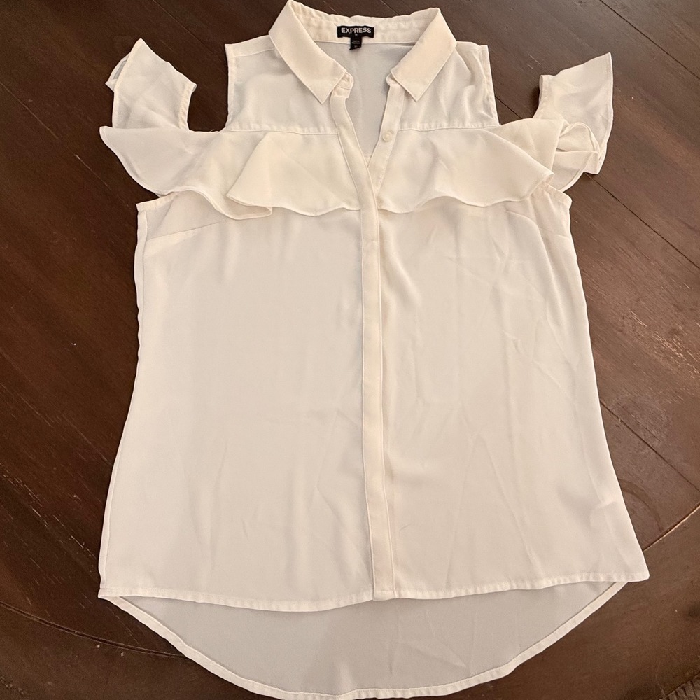 Express Women Ivory White Cold Shoulder Ruffle Chiffon Blouse XS
